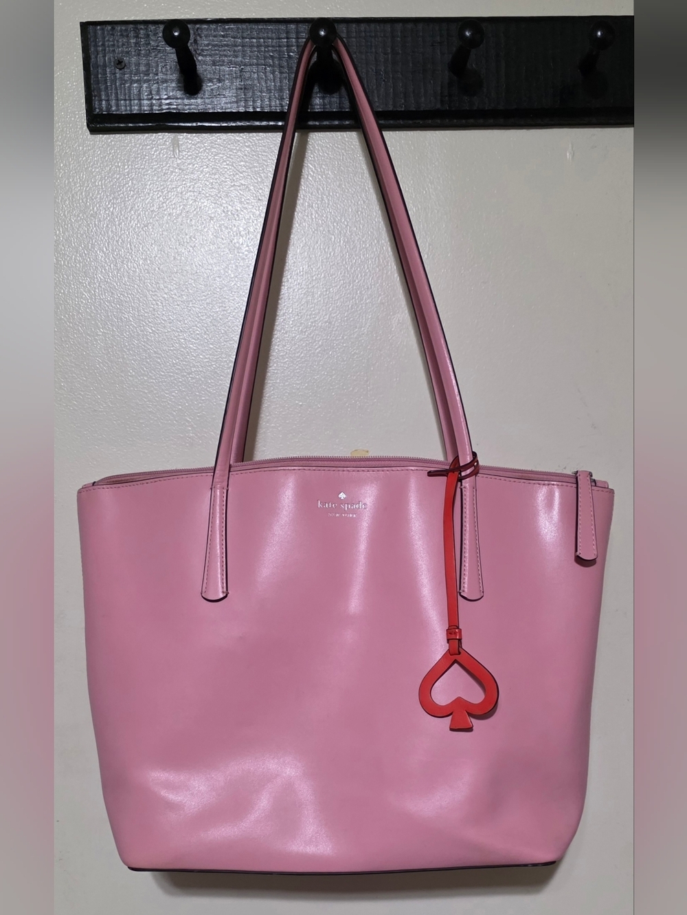 Kate Spade Pink Leather Tote with Red Heart Spade Charm. In GUC!